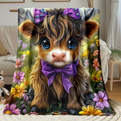 Aonana Cute Highland Cow with Purple Bow Flannel Blanket