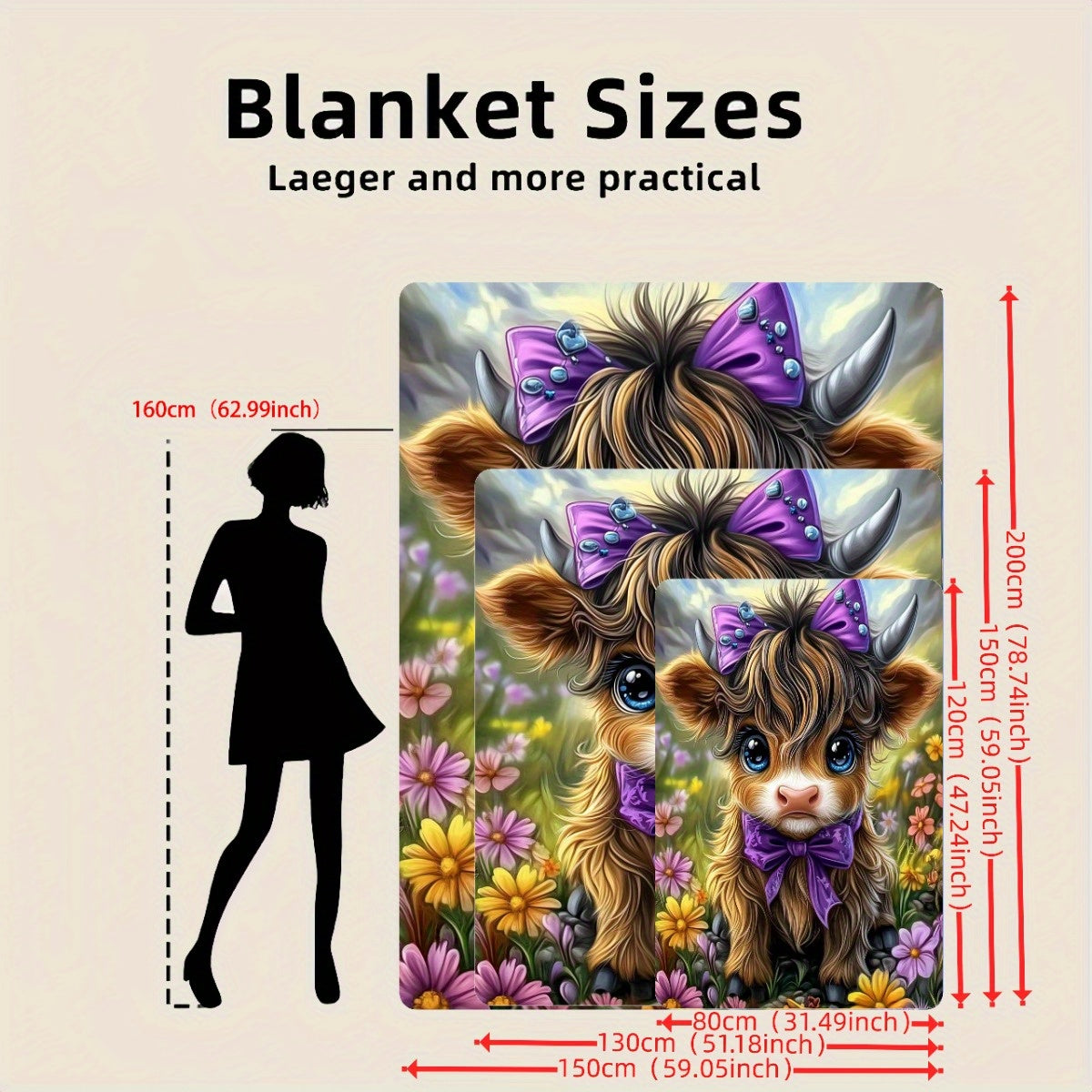 Aonana Cute Highland Cow with Purple Bow Flannel Blanket
