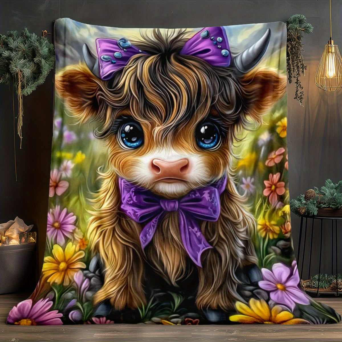 Aonana Cute Highland Cow with Purple Bow Flannel Blanket