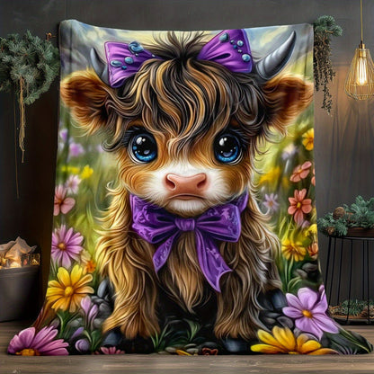 Aonana Cute Highland Cow with Purple Bow Flannel Blanket