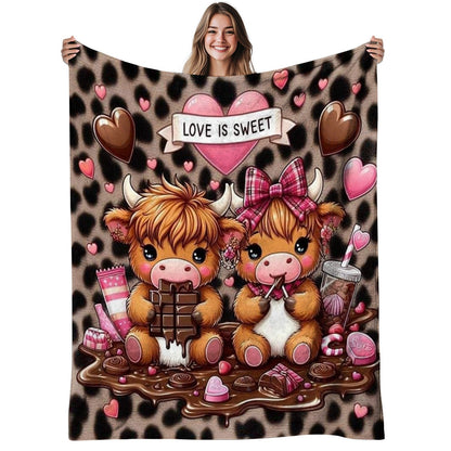 Aonana “Love Is Sweet” Highland Cow Flannel Blanket