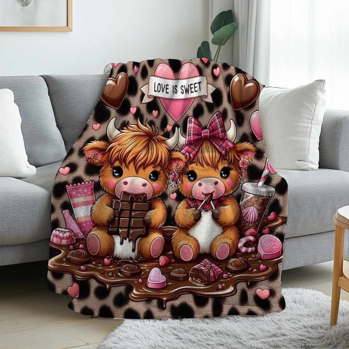 Aonana “Love Is Sweet” Highland Cow Flannel Blanket