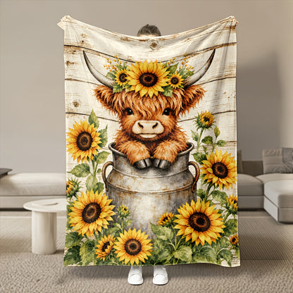 Aonana Sunflower Highland Cow Flannel Blanket