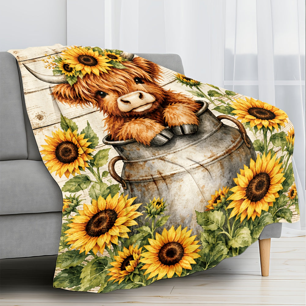 Aonana Sunflower Highland Cow Flannel Blanket