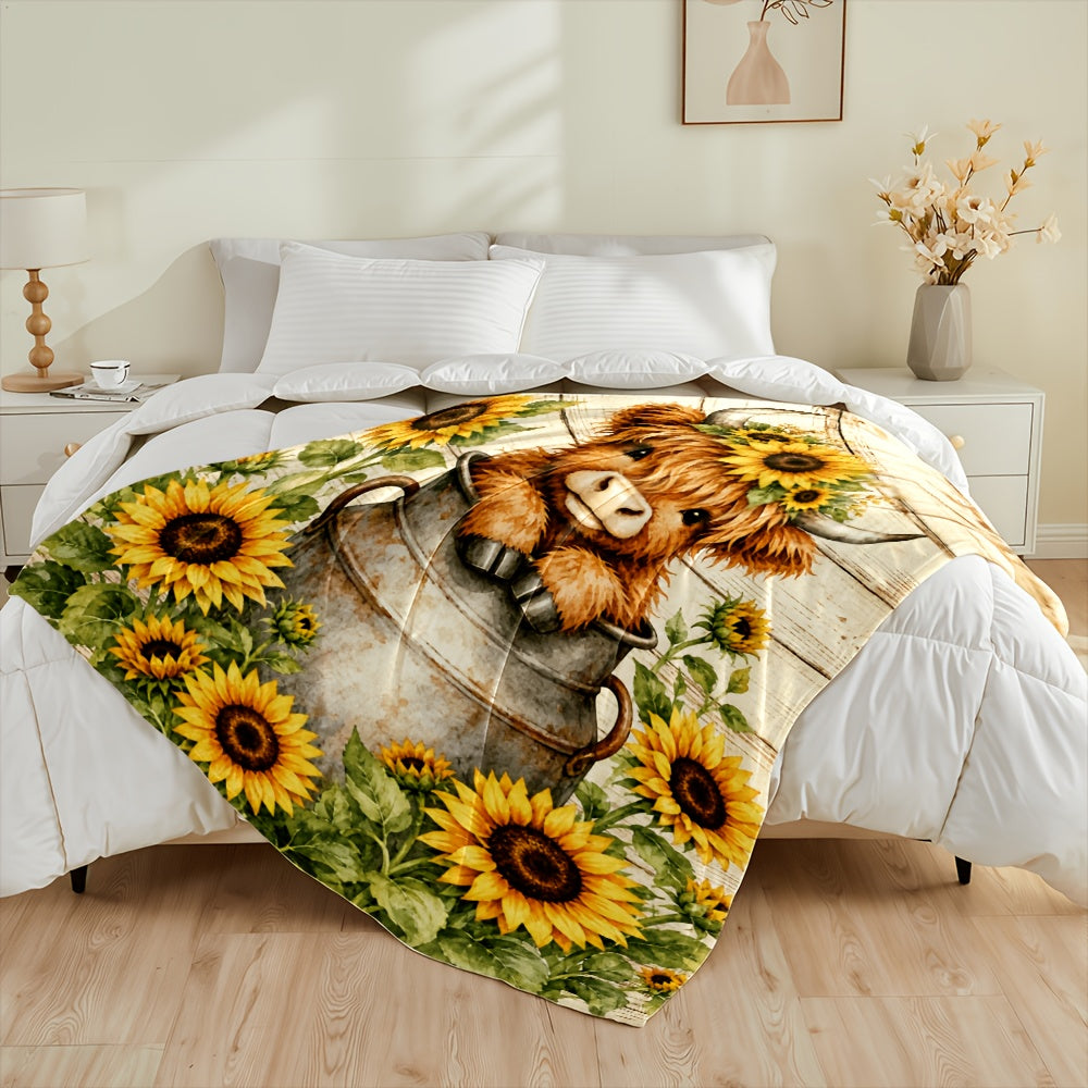 Aonana Sunflower Highland Cow Flannel Blanket