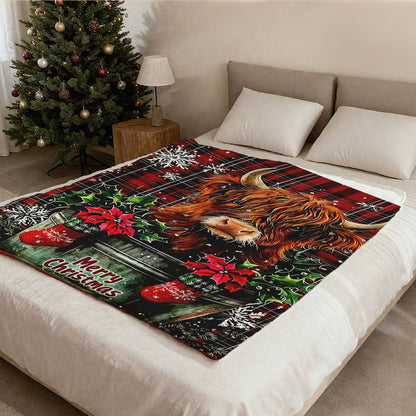 Aonana Merry Christmas Highland Cow Flannel Blanket