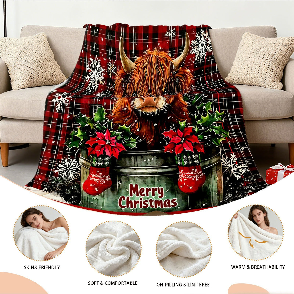 Aonana Merry Christmas Highland Cow Flannel Blanket