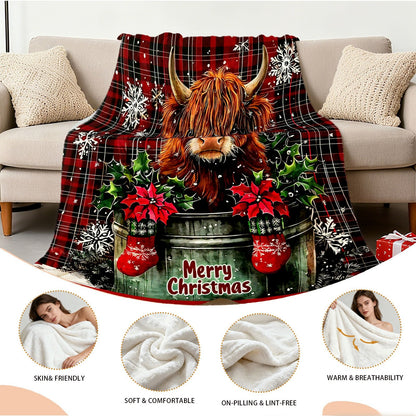 Aonana Merry Christmas Highland Cow Flannel Blanket