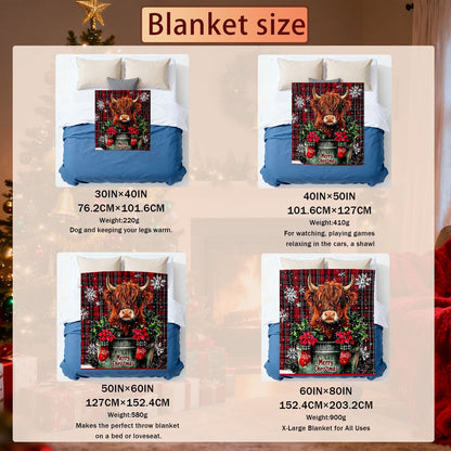 Aonana Merry Christmas Highland Cow Flannel Blanket