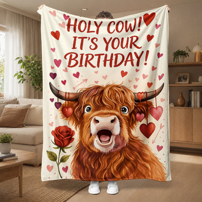 Aonana Happy Birthday Highland Cow Flannel Blanket