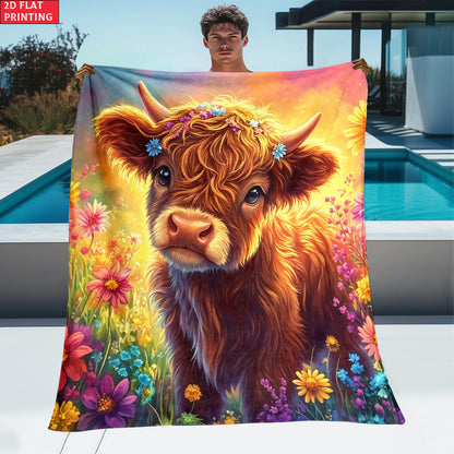 Aonana Wildflower Highland Cow Flannel Blanket
