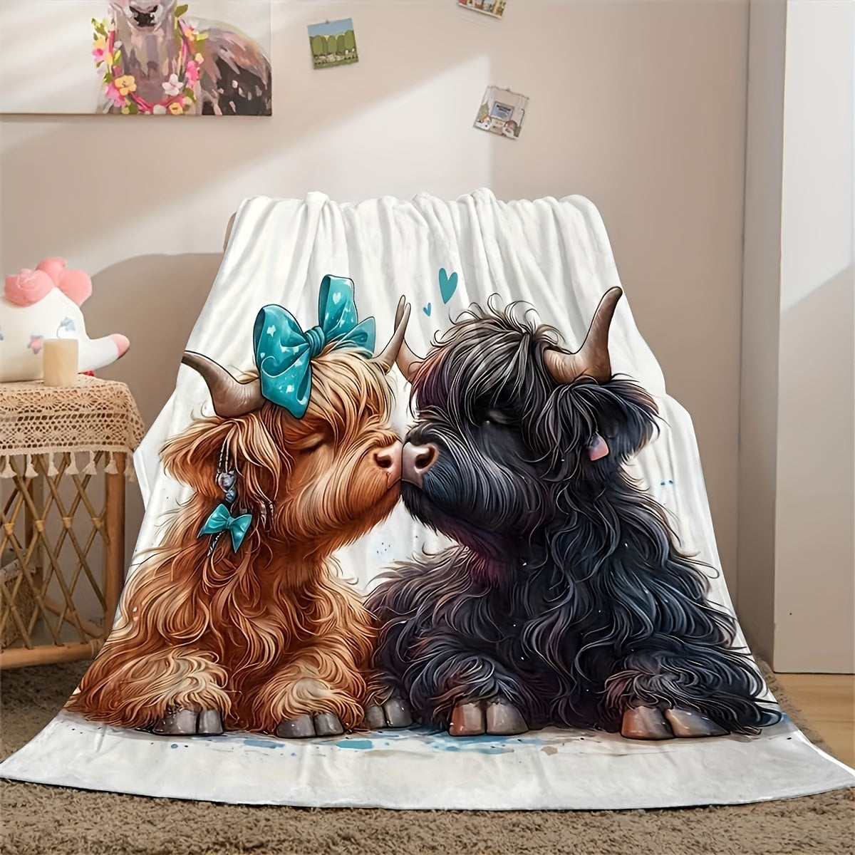 Aonana Kissing Highland Cow Flannel Blanket