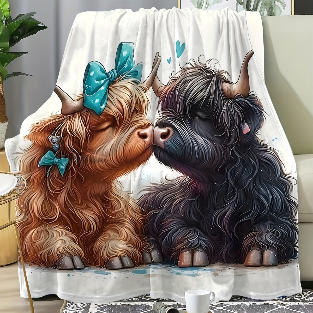 Aonana Kissing Highland Cow Flannel Blanket