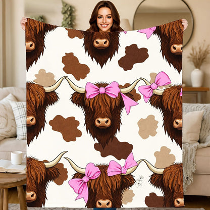 Aonana Highland Cow Pink Bow Print Flannel Throw Blanket