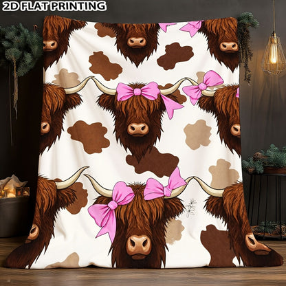 Aonana Highland Cow Pink Bow Print Flannel Throw Blanket