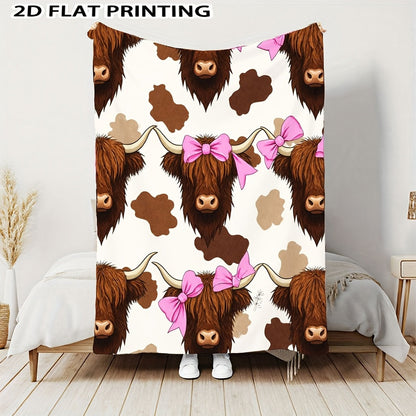 Aonana Highland Cow Pink Bow Print Flannel Throw Blanket