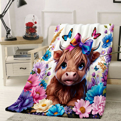 Aonana Highland Cow Butterflies&Flowers Print Flannel Throw Blanket