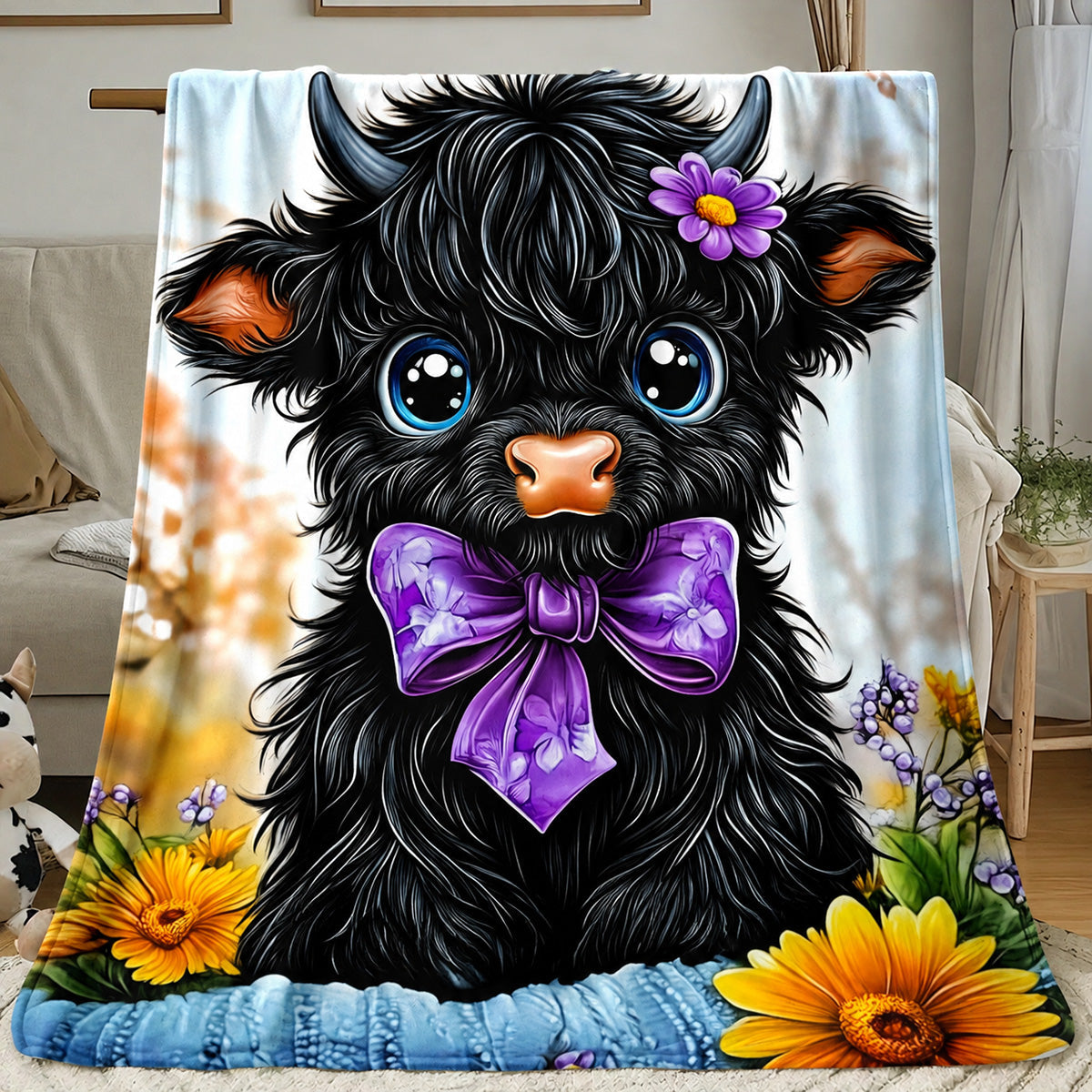 Aonana Black Bow Floral Highland Cow Flannel Throw Blanket