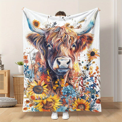 Aonana Sunflower Highland Cow Flannel Blanket