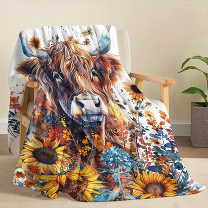 Aonana Sunflower Highland Cow Flannel Blanket
