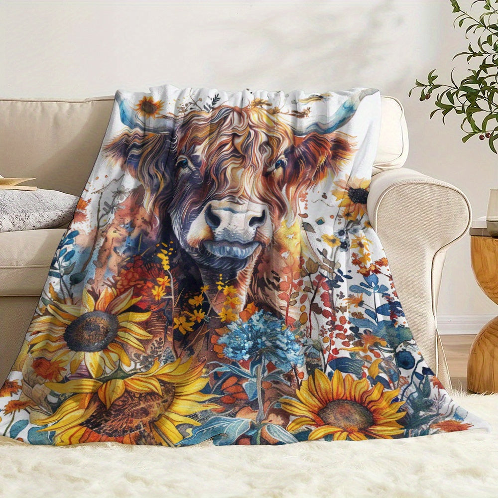 Aonana Sunflower Highland Cow Flannel Blanket