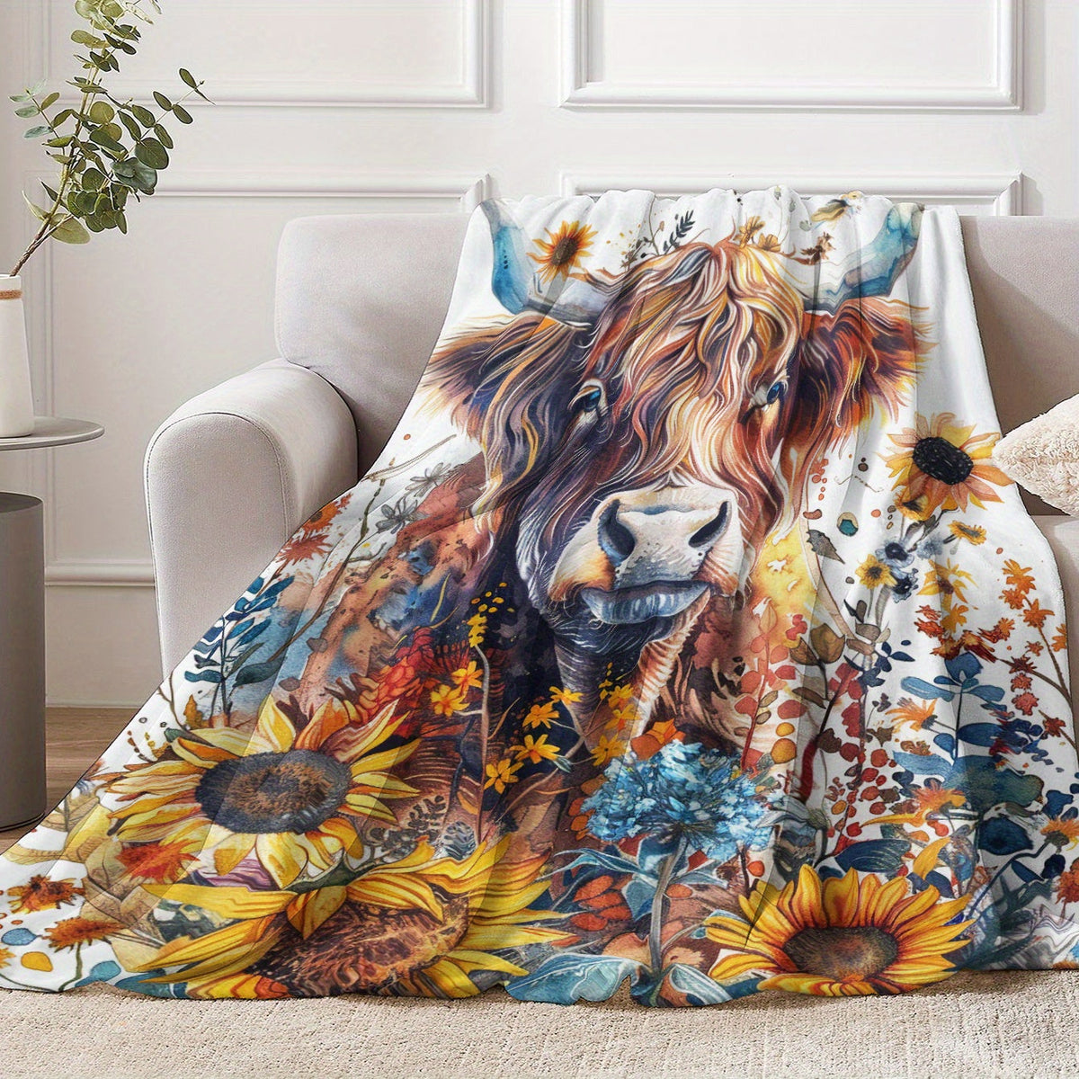Aonana Sunflower Highland Cow Flannel Blanket