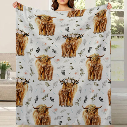 Aonana Mother&Daughter Highland Cow Flannel Blanket