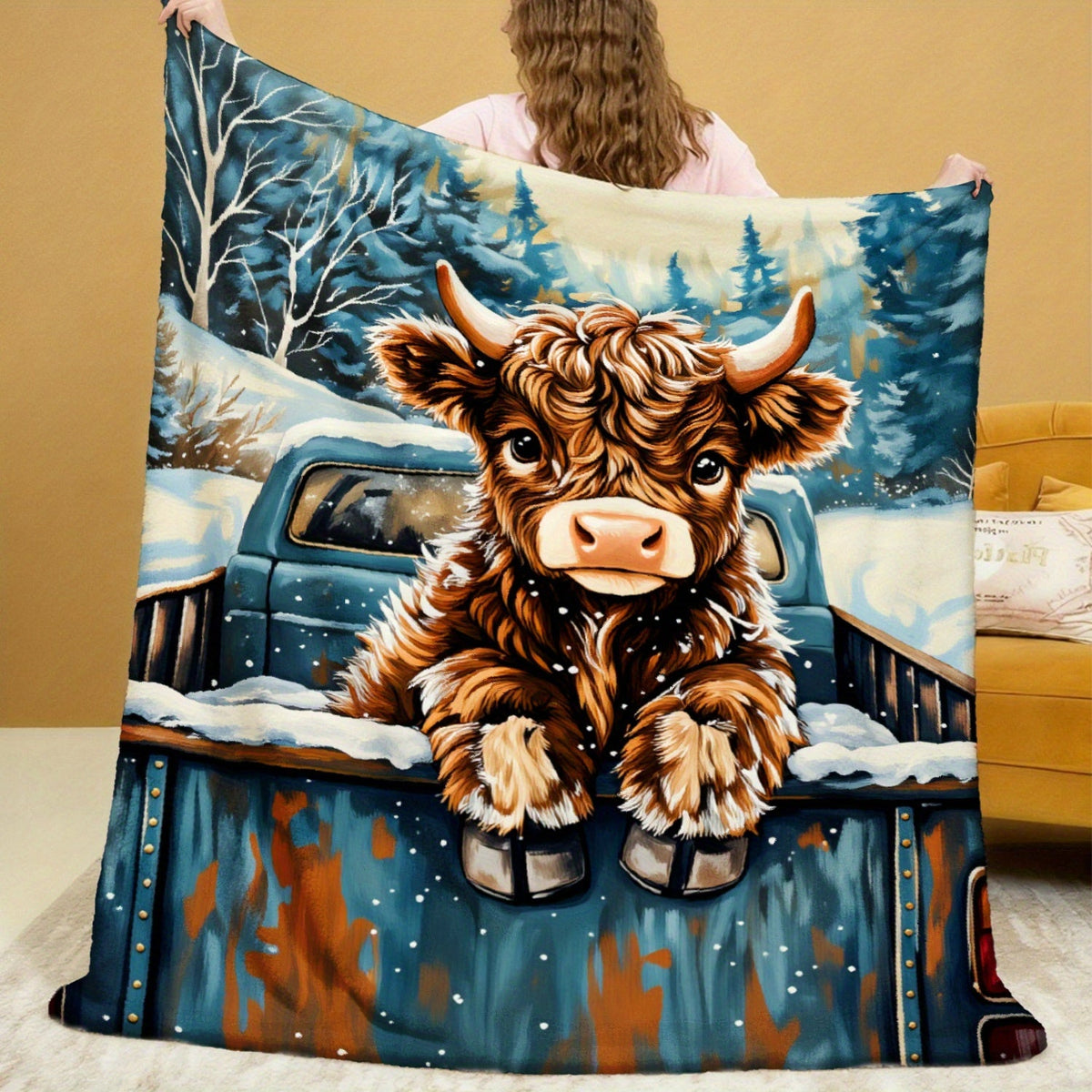 Aonana Truck Highland Cow Flannel Blanket