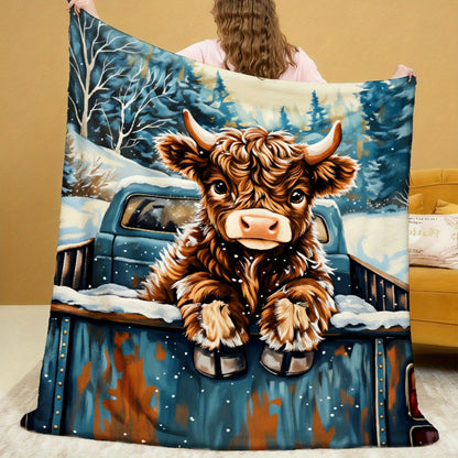 Aonana Truck Highland Cow Flannel Blanket