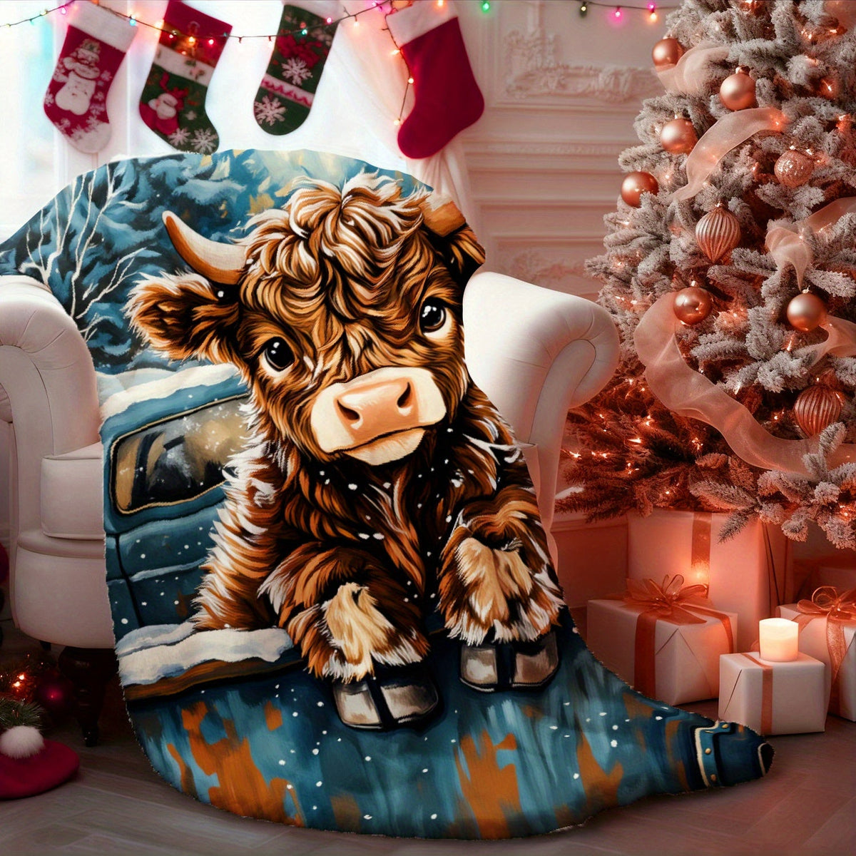 Aonana Truck Highland Cow Flannel Blanket