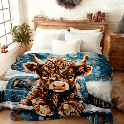 Aonana Truck Highland Cow Flannel Blanket