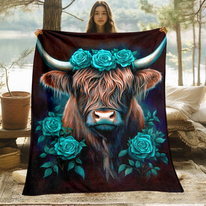 Aonana Blue Rose Highland Cow Flannel Blanket