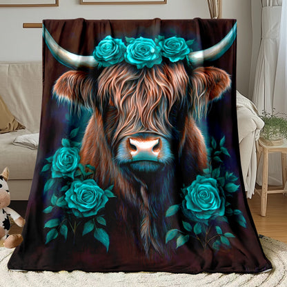 Aonana Blue Rose Highland Cow Flannel Blanket