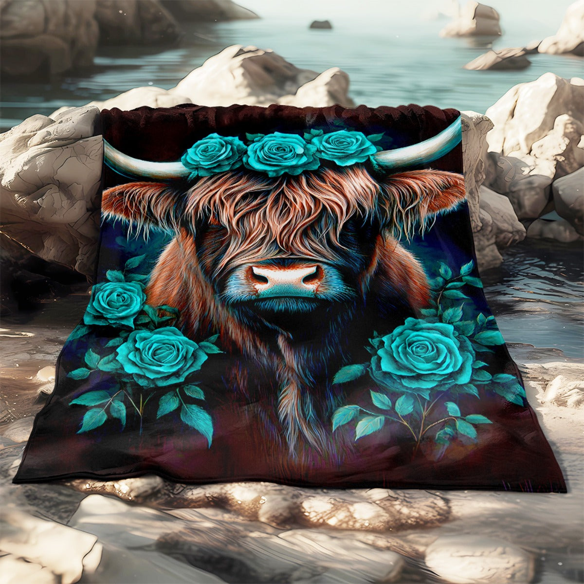 Aonana Blue Rose Highland Cow Flannel Blanket