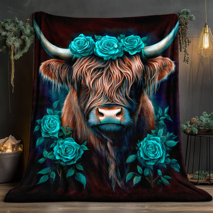 Aonana Blue Rose Highland Cow Flannel Blanket