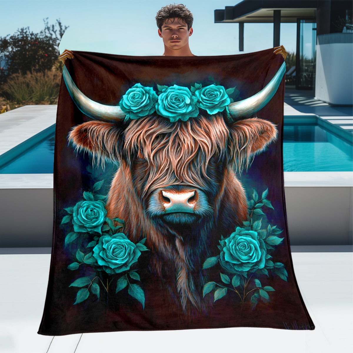 Aonana Blue Rose Highland Cow Flannel Blanket