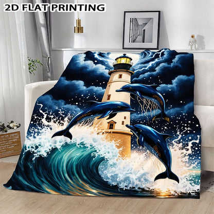 Aonana Lighthouse & Dolphins Print Cozy Flannel Throw Blanket