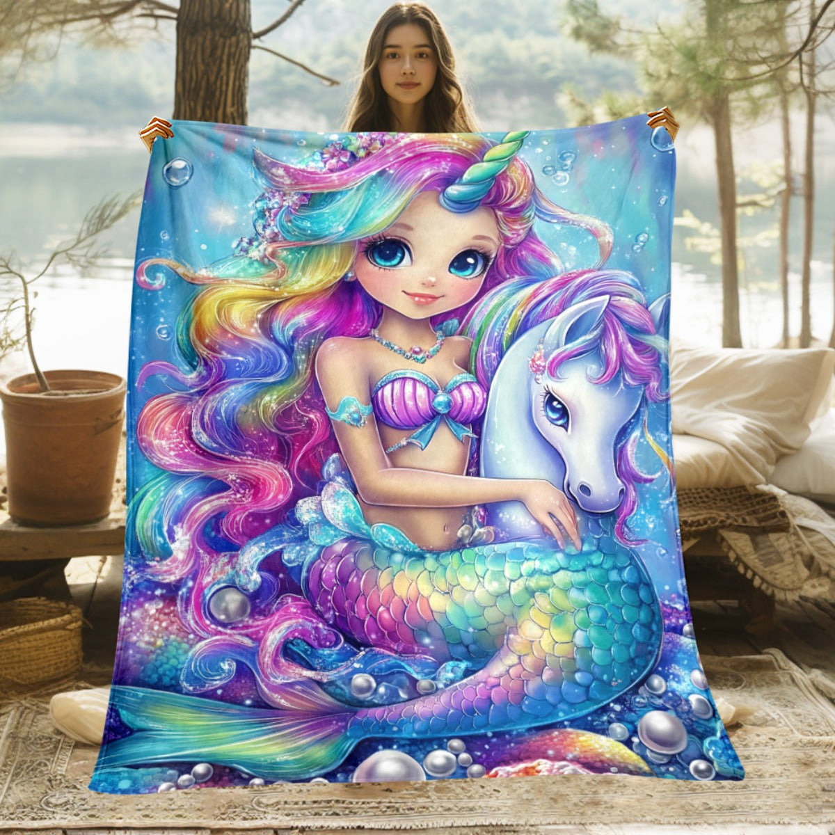 Giftoluck Mermaid Unicorn Cozy Flannel Throw Blanket