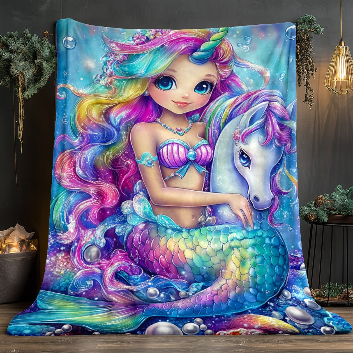 Giftoluck Mermaid Unicorn Cozy Flannel Throw Blanket