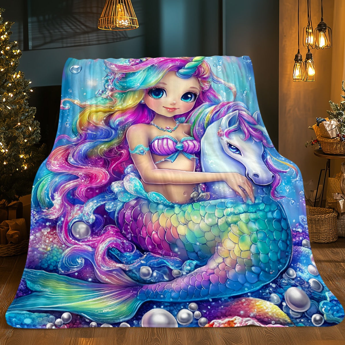 Giftoluck Mermaid Unicorn Cozy Flannel Throw Blanket