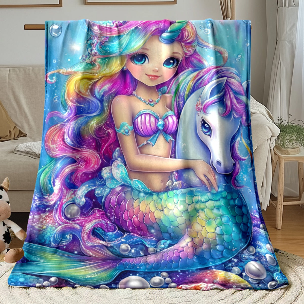 Giftoluck Mermaid Unicorn Cozy Flannel Throw Blanket