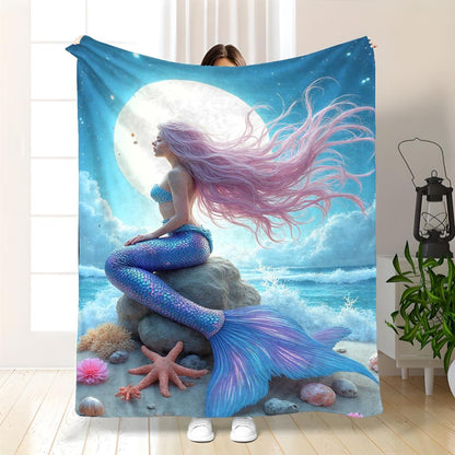 Aonana Mermaid and Moon Print Cozy Flannel Throw Blanket