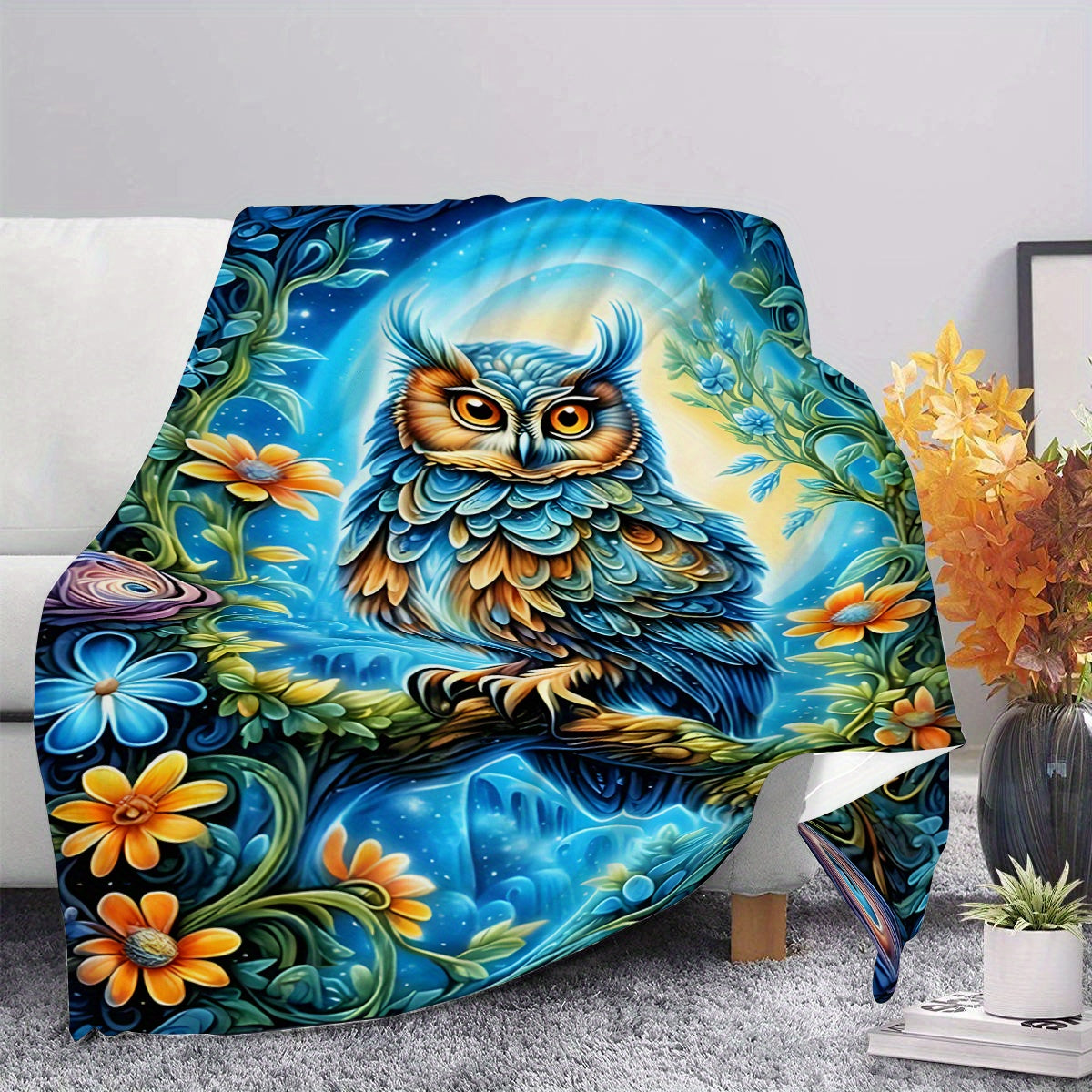 Aonana Colorful Owl Print Cozy Flannel Throw Blanket