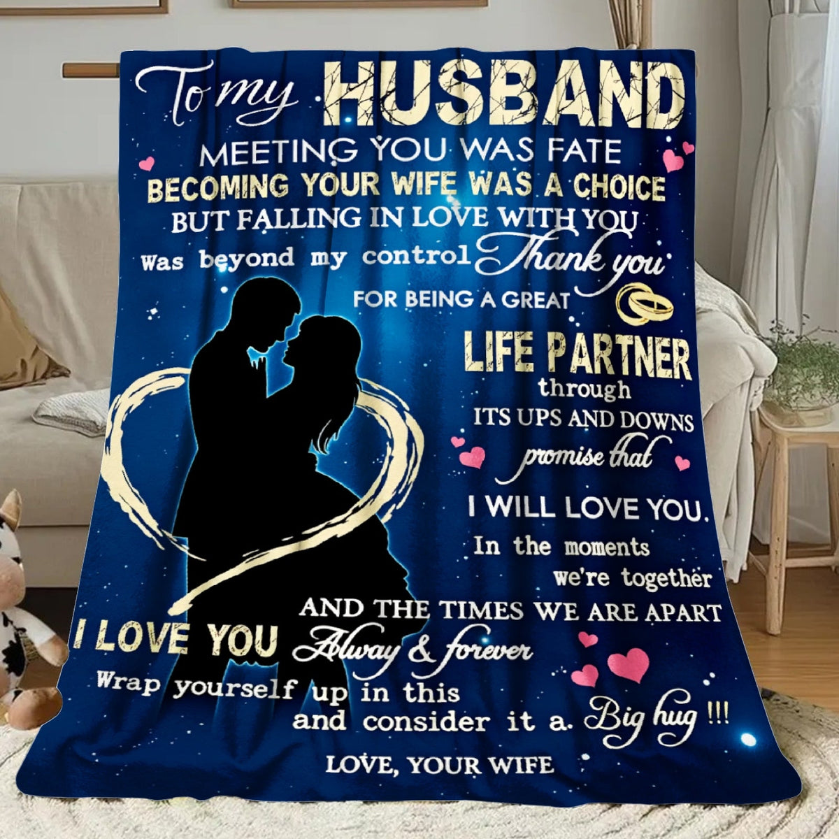 Aonana “To My Husband” Hearts & Couple Flannel Throw Blanket