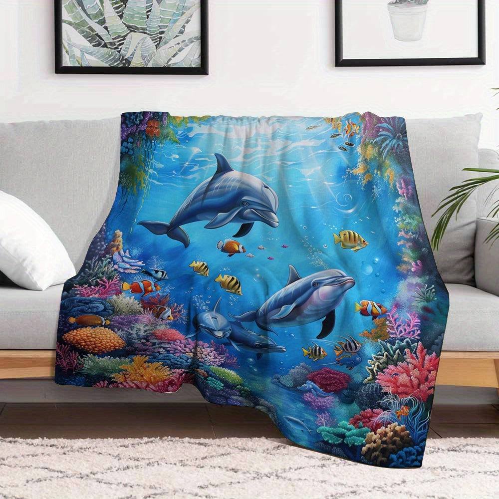 Aonana Ocean Coral Dolphin Cozy Flannel Blanket