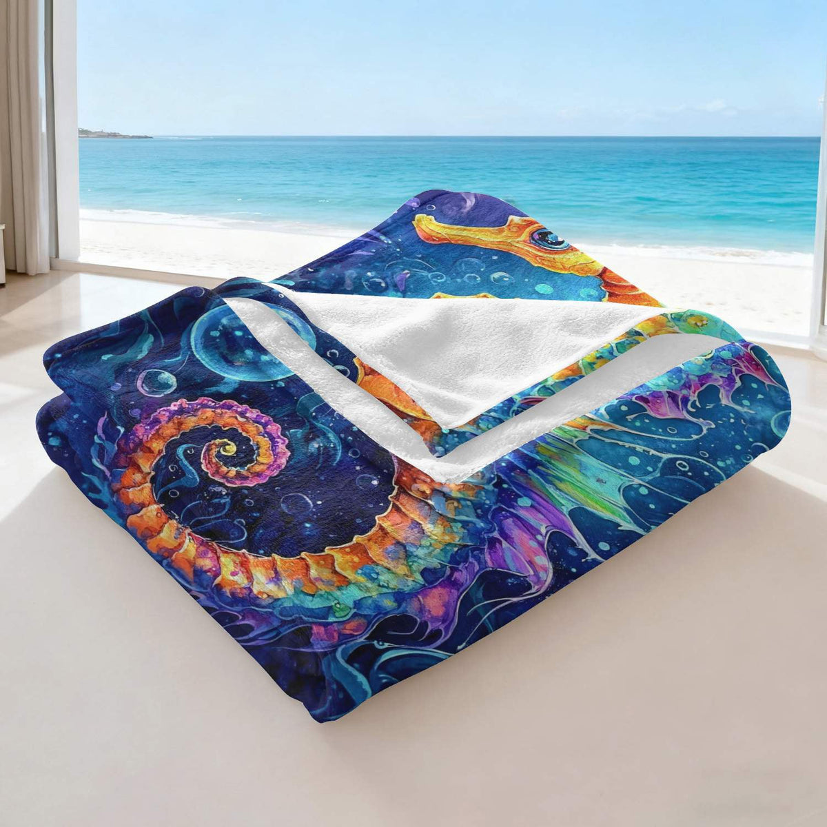Aonana Ocean Colorful Seahorse Cozy Flannel Blanket
