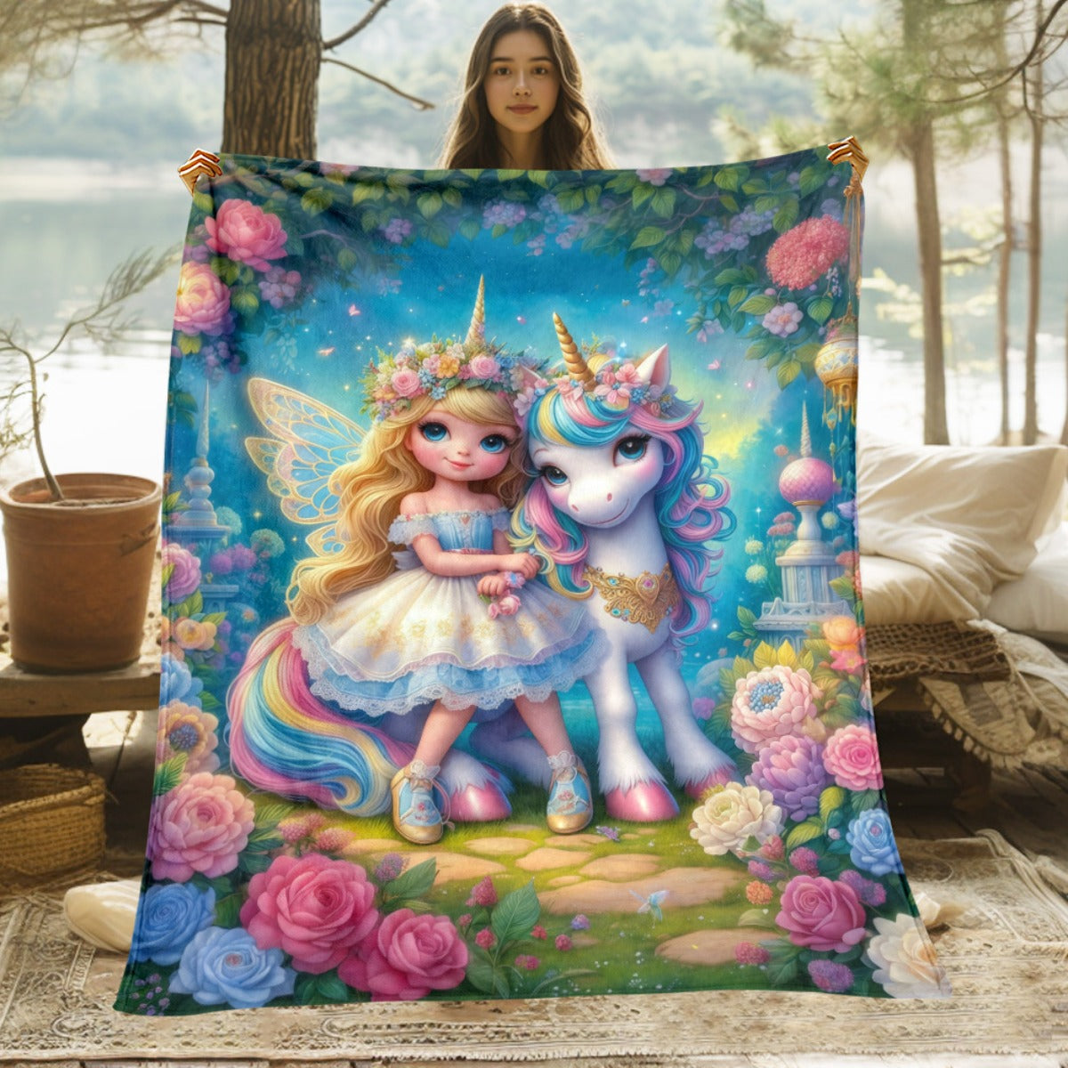 Giftoluck Cozy Unicorn Fairy Flannel Throw Blanket