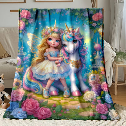 Giftoluck Cozy Unicorn Fairy Flannel Throw Blanket