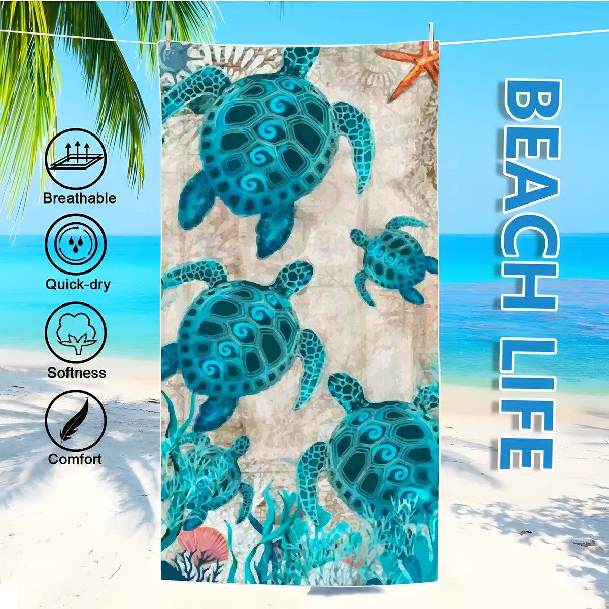 Aonana Sea Turtle Print Quick-Dry Beach Towel