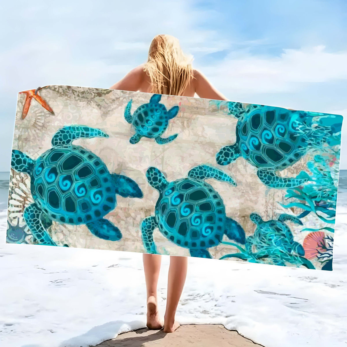 Aonana Sea Turtle Print Quick-Dry Beach Towel